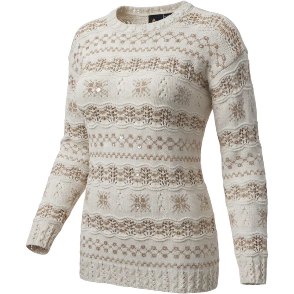 Lizsport Womens Cream Tan Sequin Open Knit Cotton Sweater Fair Isle Crochet Med